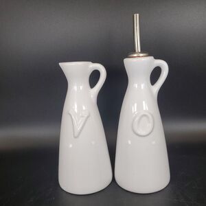 Crate & Barrel Oil Vinegar Decanter Set White Ceramic Portugal 7" Cruet